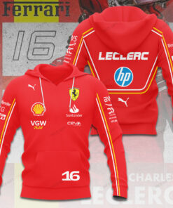 Charles Leclerc 16 Ferrari Hoodie – Red F1 Racing Pullover with HP Logo and Team Graphics