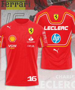 Charles Leclerc 16 Ferrari T-Shirt – Red F1 Racing Tee with HP Logo and Scuderia Graphics