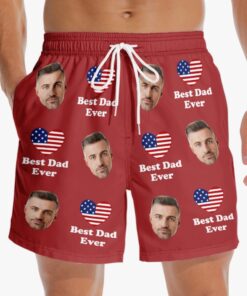 Custom Best Dad Ever Swim Shorts – Personalized Red Patriotic Father’s Day Trunks