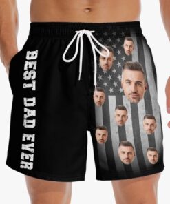 Custom Best Dad Ever Swim Trunks – Personalized Face American Flag Beach Shorts for Father’s Day