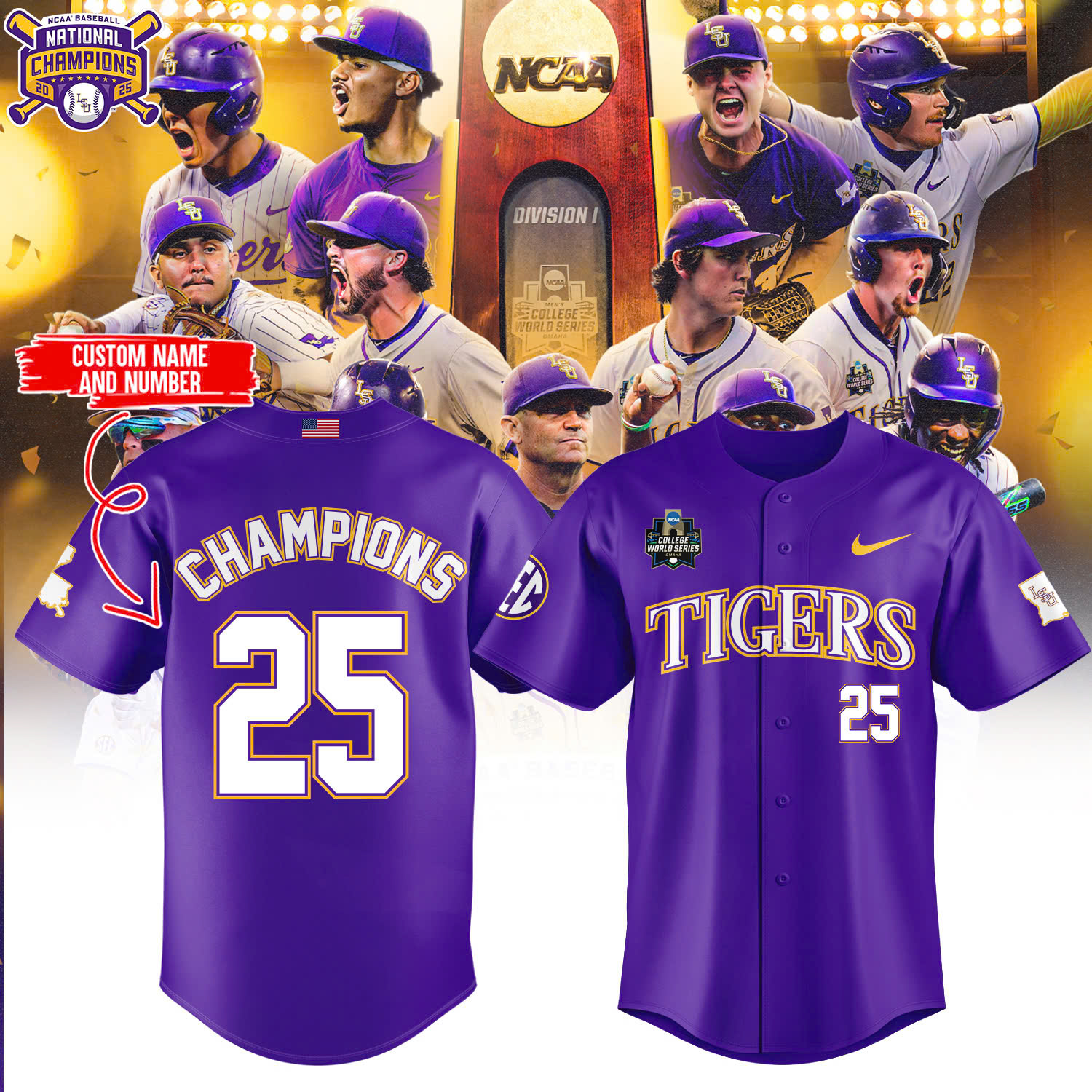custom lsu tigers 2025 national champions jersey purple ncaa baseball shirt with name number 0og9h