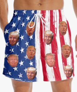 Funny Trump American Flag Swim Shorts – Patriotic USA Face Beach Trunks for Men