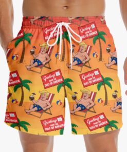 Funny Trump Vacation Swim Shorts – Greetings from the Gulf of America Beach Trunks for Men