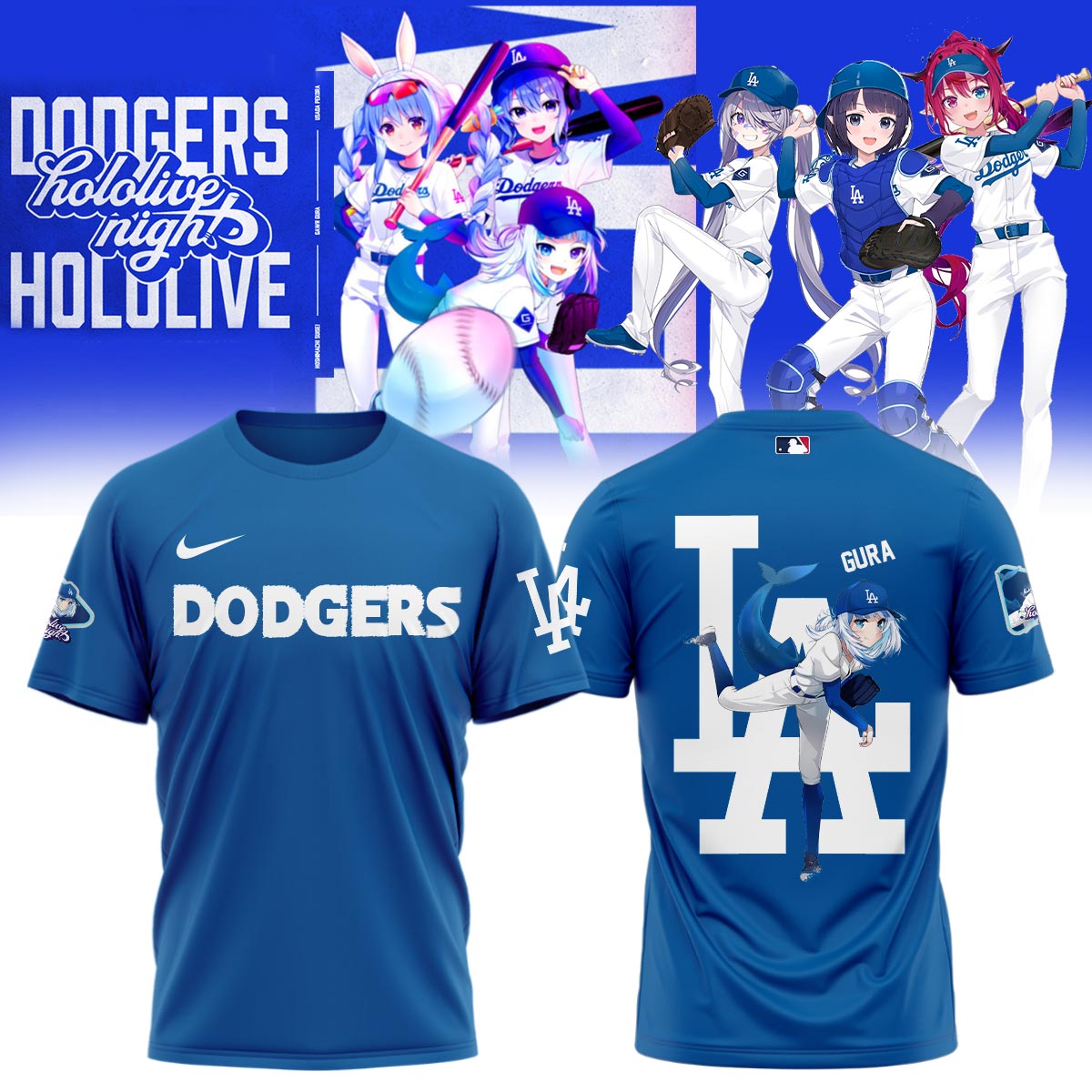 gura dodgers blue shirt hololive vtuber baseball tee for anime la dodgers fans yowwj