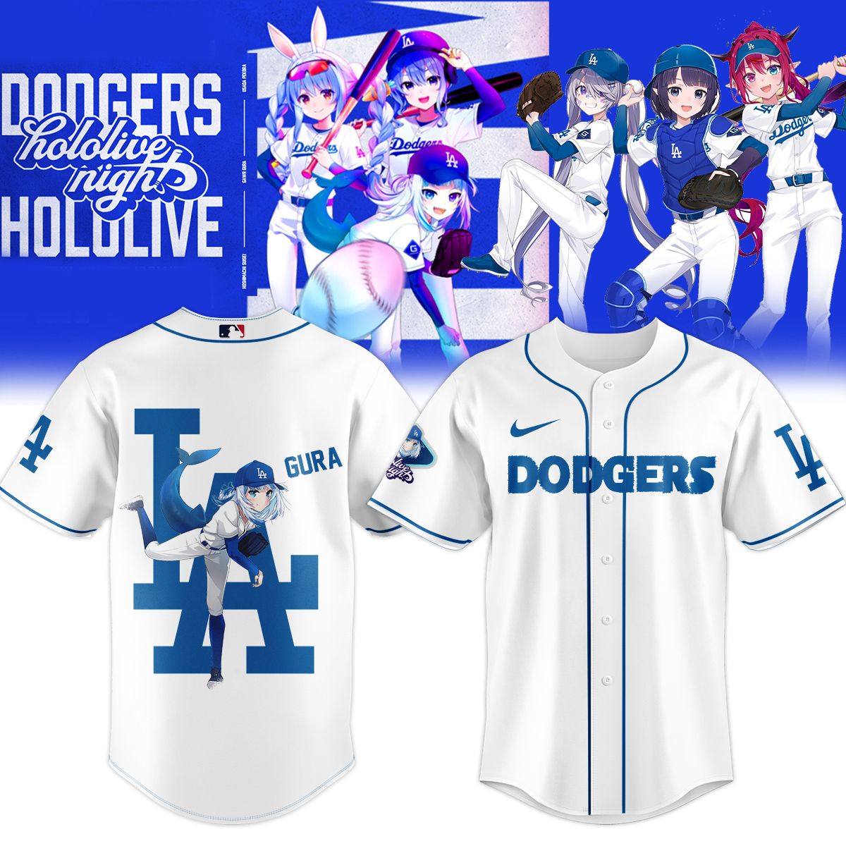 gura dodgers white baseball jersey hololive vtuber shirt for anime la dodgers fans yfeib
