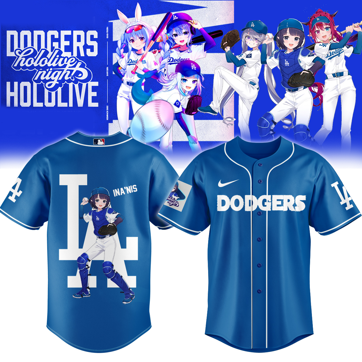 inanis dodgers blue baseball jersey hololive vtuber catcher shirt for anime la fans w126o