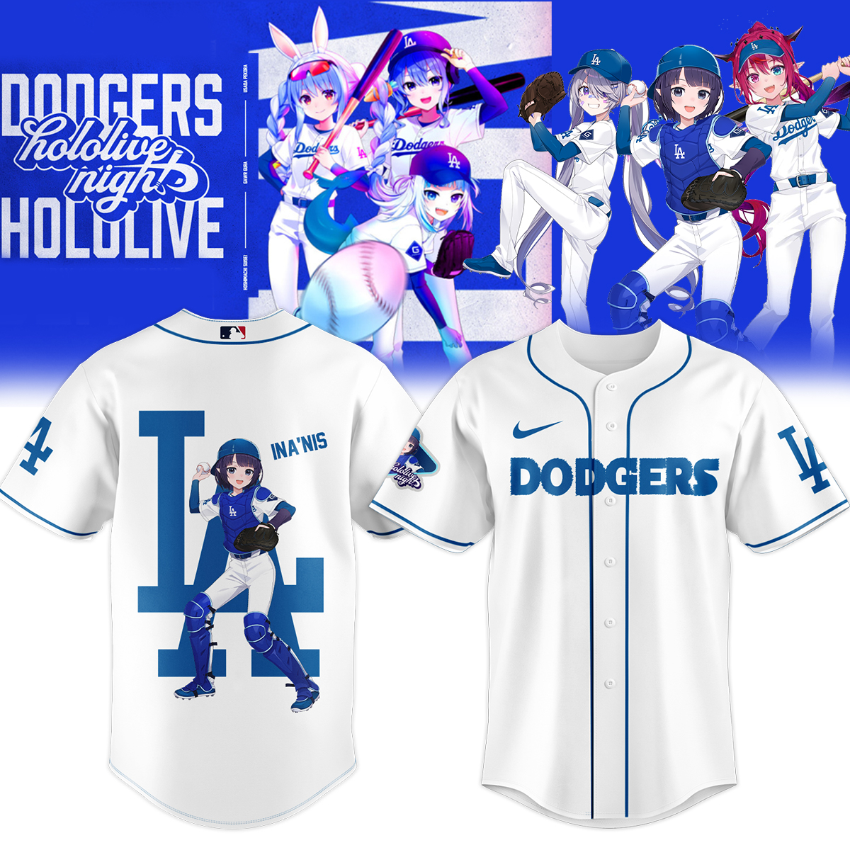 inanis dodgers white baseball jersey hololive vtuber catcher shirt for anime la fans 8sekc