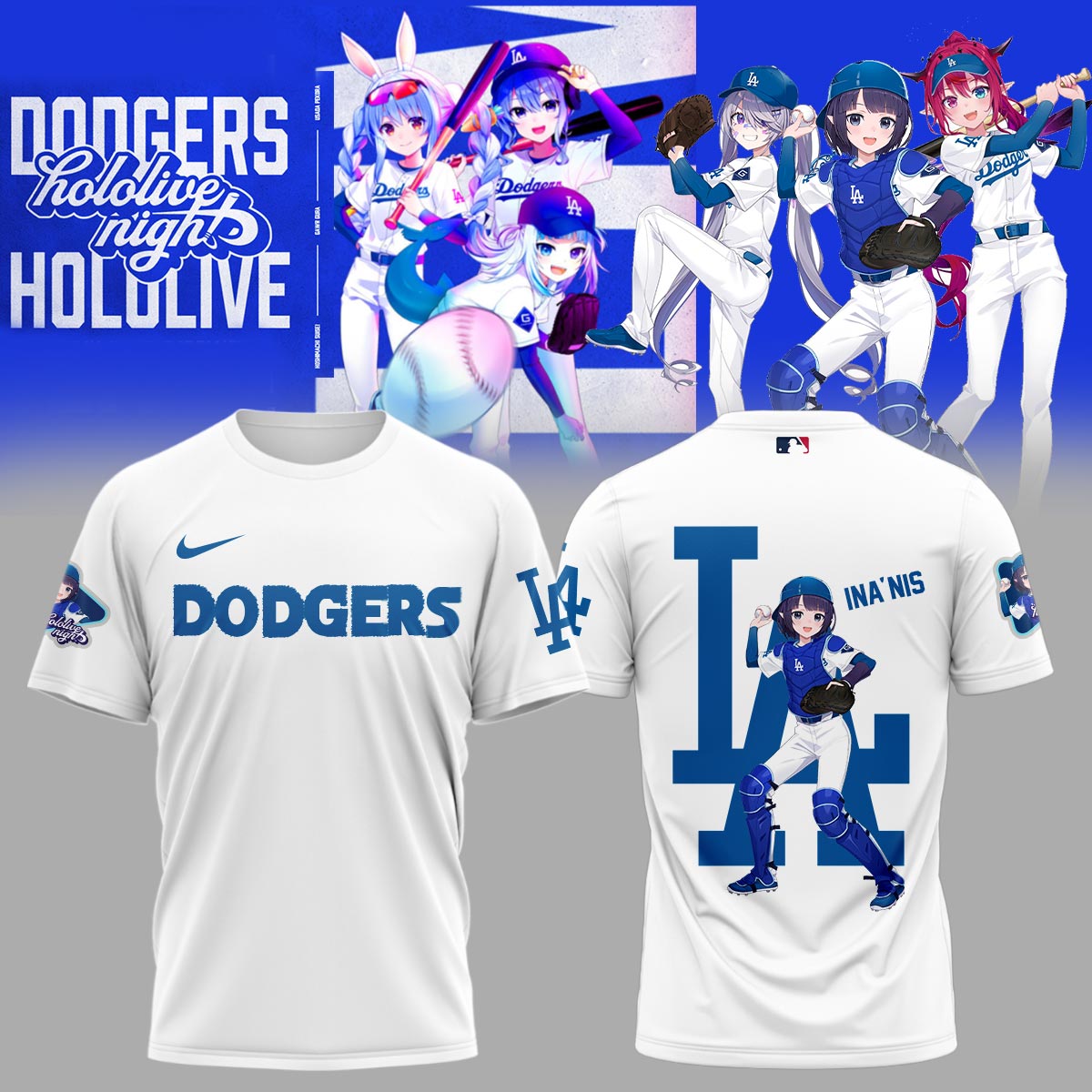 inanis dodgers white shirt hololive vtuber catcher tee for anime la baseball fans pth7o