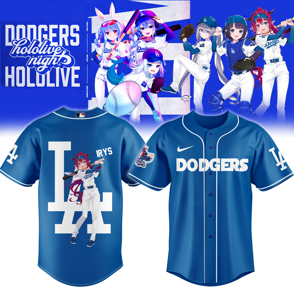 irys dodgers blue baseball jersey hololive vtuber shirt for anime la dodgers fans rus7d