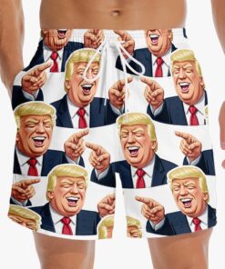 Laughing Trump Cartoon Swim Shorts – Funny Patriotic Political Beach Trunks for Men