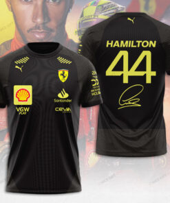 Lewis Hamilton 44 Black Ferrari T-Shirt – F1 Racing Tee with Signature and Yellow Logos