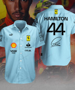 44 Ferrari Lewis HamiltonButton-Up Shirt – Light Blue F1 Hawaiian Style with Signature & Logos