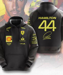 Lewis Hamilton 44 Ferrari Hoodie – Black F1 Racing Pullover with Yellow Logos and Signature