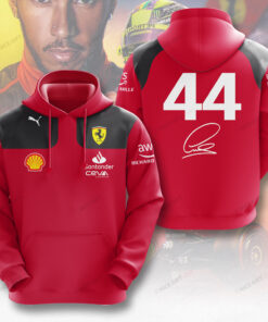 Lewis Hamilton 44 Ferrari Hoodie – Red & Black F1 Racing Pullover with Signature and Team Logos