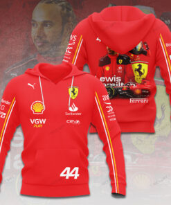 Lewis Hamilton 44 Ferrari Hoodie – Red F1 Racing Pullover with Driver and Car Print