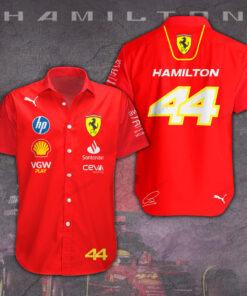 Lewis Hamilton 44 Ferrari Shirt – Red F1 Racing Button-Up with Signature and Team Logos