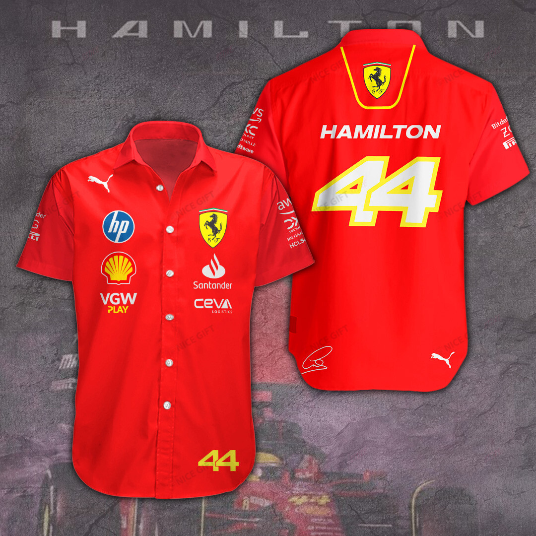 lewis hamilton 44 ferrari shirt red f1 racing button up with signature and team logos jmqhh
