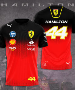 Lewis Hamilton 44 Ferrari T-shirt – Black Red Gradient F1 Racing Tee with Team Logos