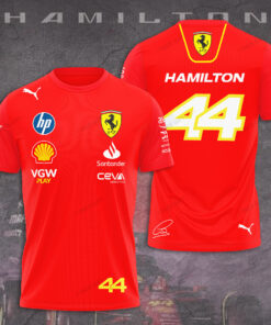 Lewis Hamilton 44 Ferrari T-Shirt – Classic Red F1 Racing Tee with Signature and Team Logos