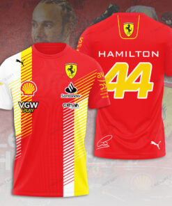 Lewis Hamilton 44 Ferrari T-Shirt – F1 Racing Tee with Red, Yellow & White Stripes