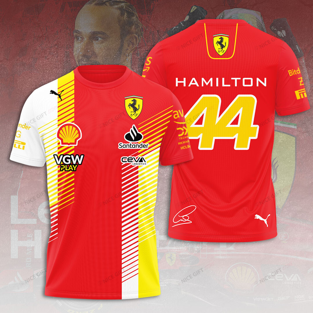 lewis hamilton 44 ferrari t shirt f1 racing tee with red yellow white stripes glhhm