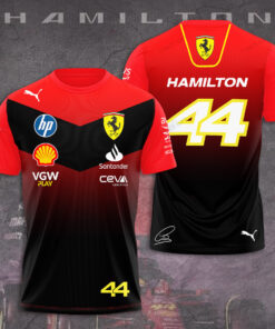 Lewis Hamilton 44 Ferrari T-Shirt – Red & Black F1 Racing Tee with Signature and Team Logos