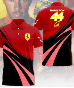 Lewis Hamilton Ferrari Polo Shirt – Red & Black F1 Shirt with Pink Streak Design