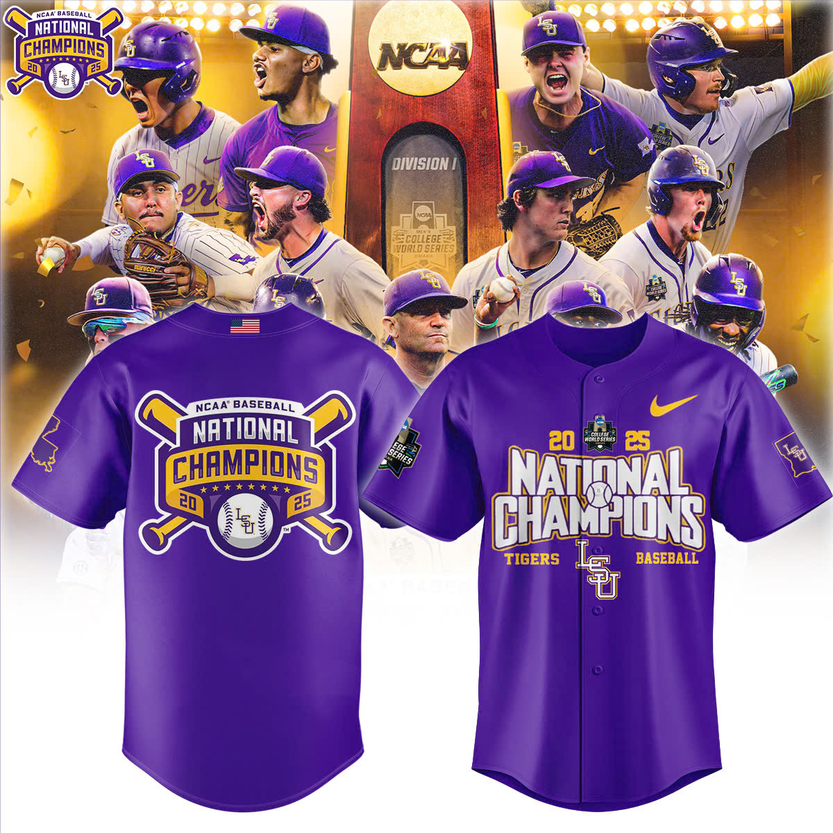 lsu tigers 2025 national champions baseball jersey purple ncaa title shirt for fans
