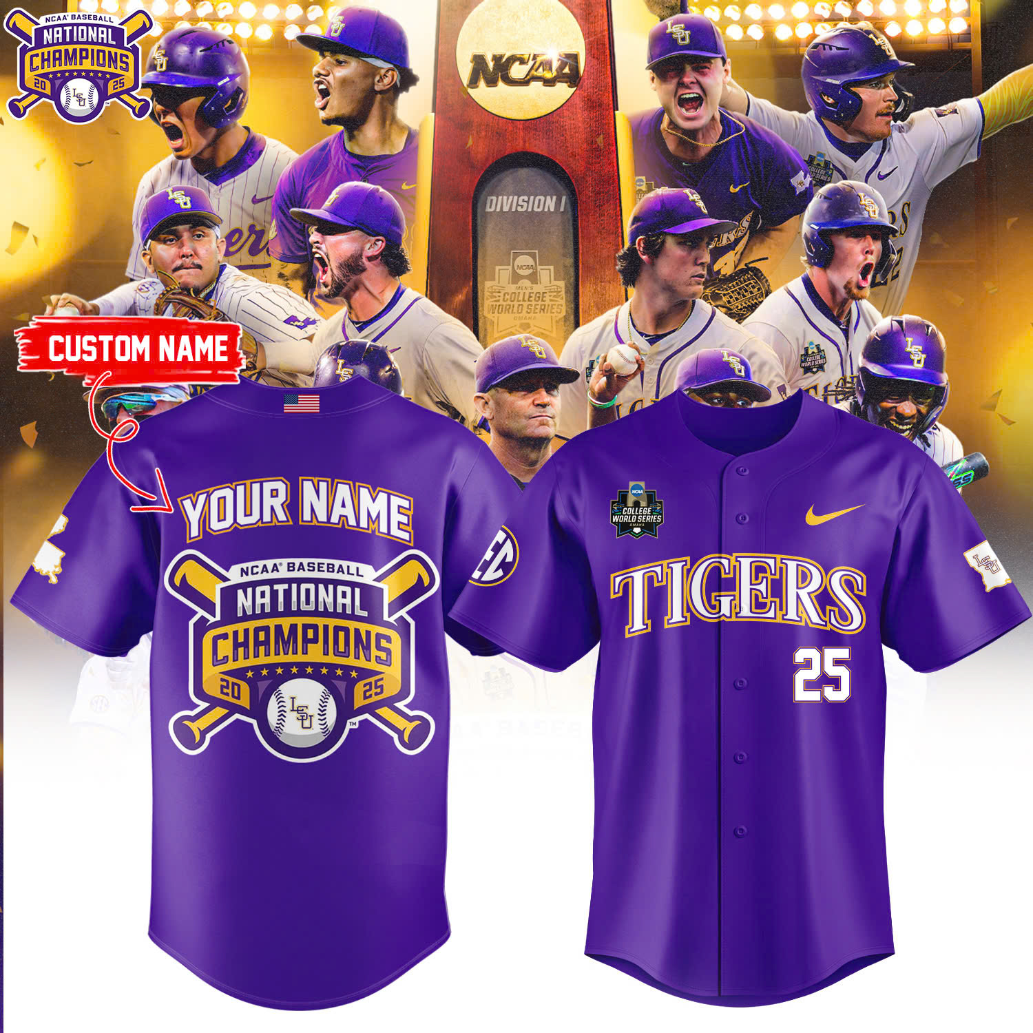 lsu tigers 2025 national champions purple baseball jersey custom name number 9e4i6