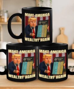Make America Wealthy Again Mug – Funny Trump Coffee Cup with Tariff Chart and Speech