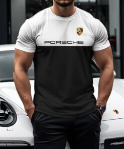 Men’s Black & White Porsche Logo T-shirt – Stylish Sport Car Shirt