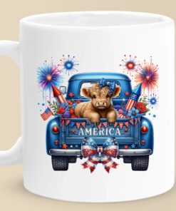 Patriotic Highland Cow Mug – 4th of July Truck Design with Fireworks & American Flags