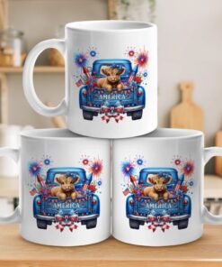 patriotic highland cow mug 4th of july truck design with fireworks american flags 3 xzldb