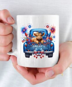 patriotic highland cow mug 4th of july truck design with fireworks american flags 4 3qba5