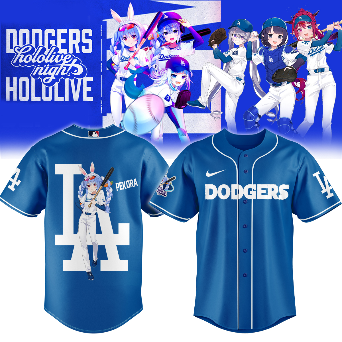 pekora dodgers blue baseball jersey hololive vtuber shirt for anime la fans y22fr