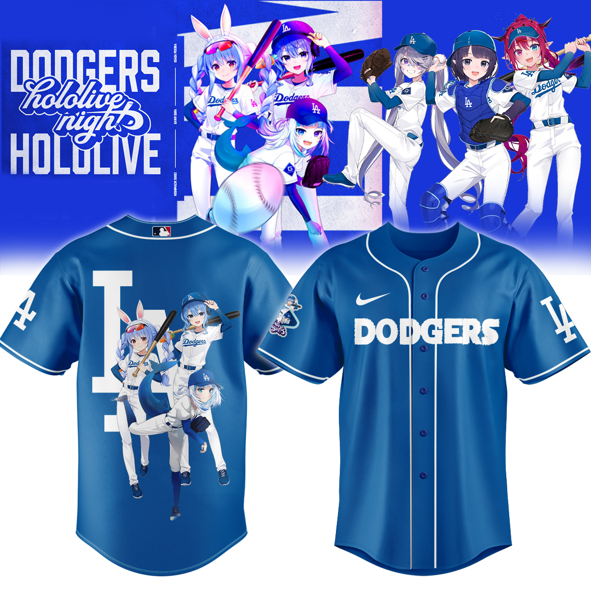 pekora suisei gura dodgers jersey hololive vtuber trio baseball shirt for anime la fans b04y8