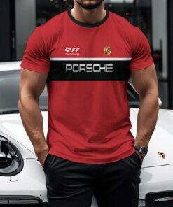 Porsche 911 Red Edition T-Shirt – Bold Black Stripe with Crest Logo