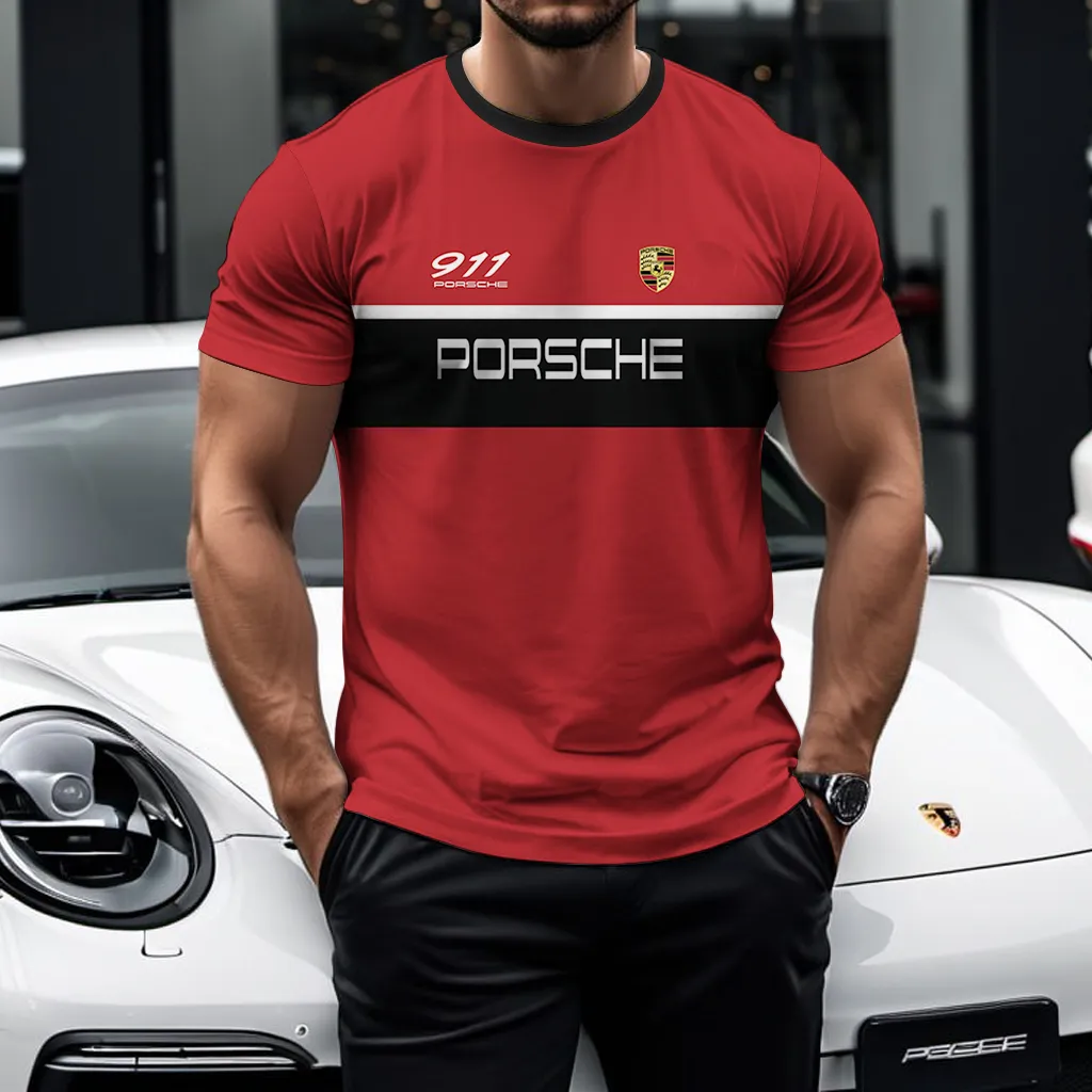 porsche 911 red edition t shirt bold black stripe with crest logo b9ca1