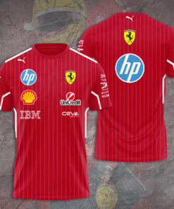 Scuderia Ferrari F1 T-Shirt – Red Pinstripe Racing Tee with HP Logo and Team Sponsors