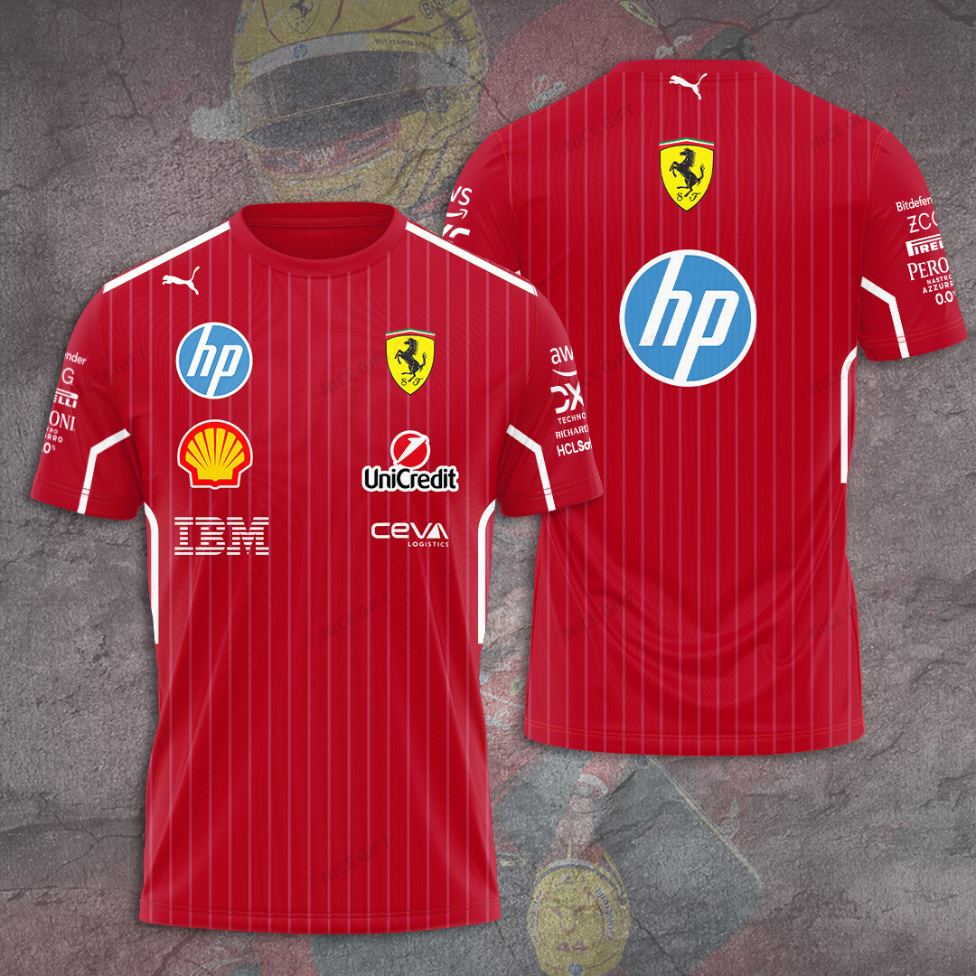 scuderia ferrari f1 t shirt red pinstripe racing tee with hp logo and team sponsors su5zn