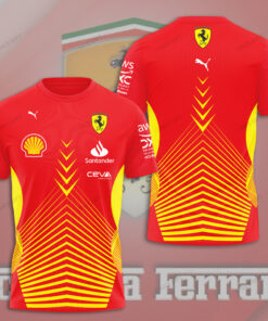 Scuderia Ferrari T-Shirt – Red & Yellow F1 Racing Tee with Chevron Arrow Design and Sponsor Logos