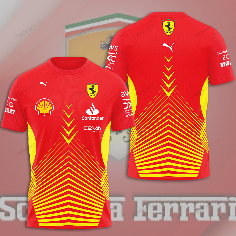 scuderia ferrari t shirt red yellow f1 racing tee with chevron arrow design and sponsor logos feqhc