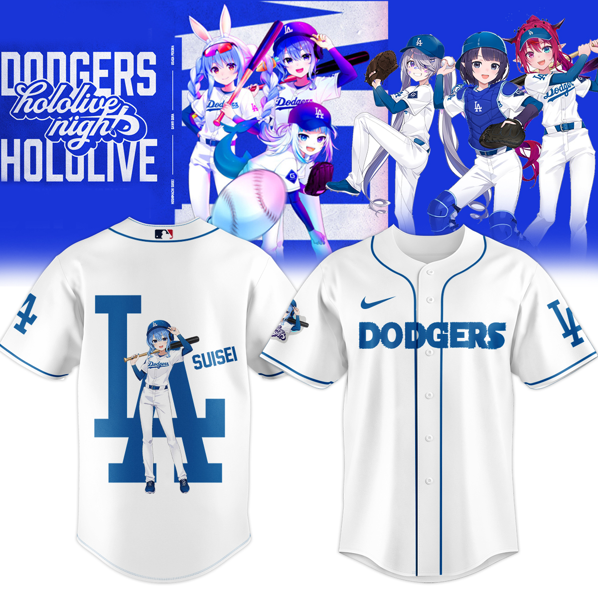 suisei dodgers white baseball jersey hololive vtuber anime shirt for la fans 27mv9