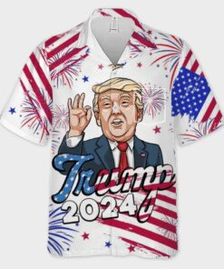Trump 2024 Cartoon Shirt – Funny Patriotic Fireworks Hawaiian Shirt