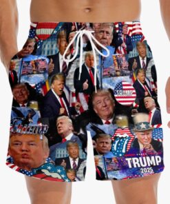 Trump 2025 Collage Swim Shorts – Patriotic Graphic MAGA Beach Trunks for Men