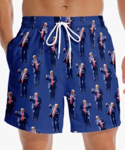 Trump Dancing Swim Shorts – Funny Patriotic Blue Beach Trunks for Men