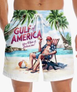 Trump Gulf of America Swim Shorts – Funny MAGA Beach Cartoon Trunks for Men