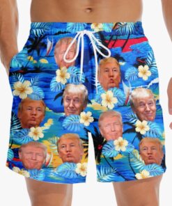 Trump Hawaiian Swim Shorts – Funny Tropical Floral Beach Trunks for Patriotic Men