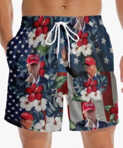 Trump MAGA Aloha Swim Shorts – Patriotic Floral American Flag Beach Trunks for Men