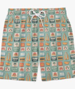 Trump MAGA Retro Patch Swim Shorts – Gulf of America Icon Grid Beach Trunks for Men